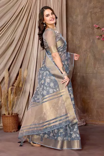 grey printed khadi silk blend saree with unstitched blouse piece