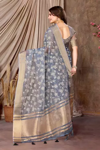 grey printed khadi silk blend saree with unstitched blouse piece