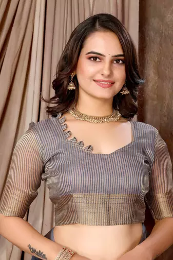 grey printed khadi silk blend saree with unstitched blouse piece