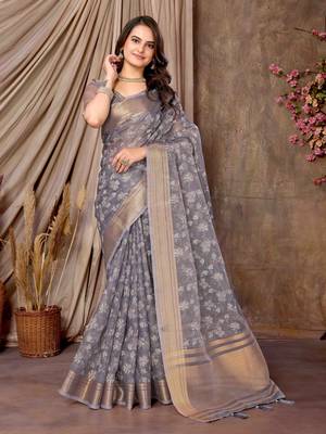 lavender printed khadi silk blend saree with unstitched blouse piece 1