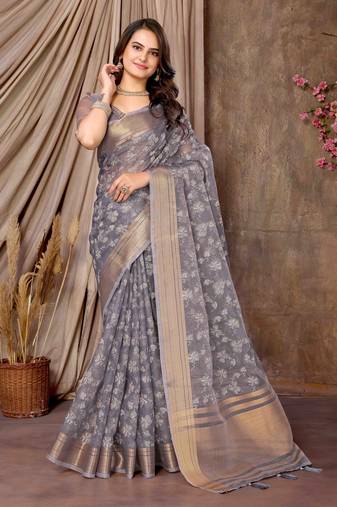 lavender printed khadi silk blend saree with unstitched blouse piece