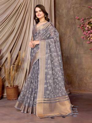 lavender printed khadi silk blend saree with unstitched blouse piece 2