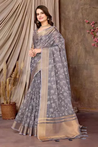 lavender printed khadi silk blend saree with unstitched blouse piece