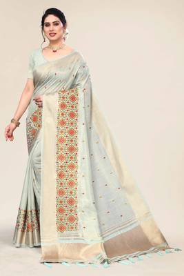 mint cotton embroidered work saree with unstitched blouse piece 1