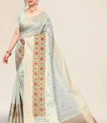 mint cotton embroidered work saree with unstitched blouse piece