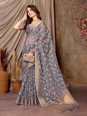 lavender printed khadi silk blend saree with unstitched blouse piece 3
