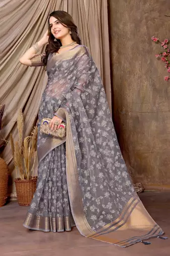 lavender printed khadi silk blend saree with unstitched blouse piece