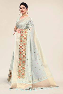 mint cotton embroidered work saree with unstitched blouse piece 2
