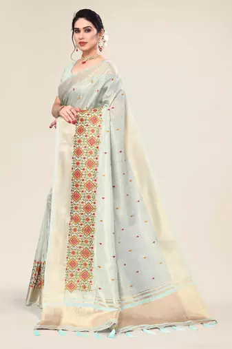 mint cotton embroidered work saree with unstitched blouse piece