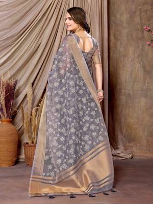 lavender printed khadi silk blend saree with unstitched blouse piece 4