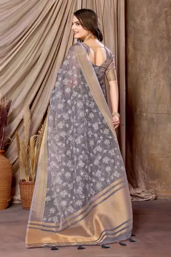 lavender printed khadi silk blend saree with unstitched blouse piece