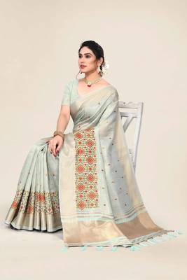 mint cotton embroidered work saree with unstitched blouse piece 3