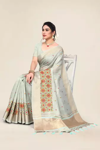 mint cotton embroidered work saree with unstitched blouse piece
