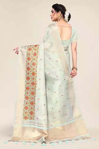 mint cotton embroidered work saree with unstitched blouse piece