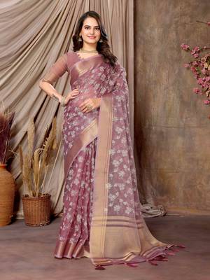 mauve printed khadi silk blend saree with unstitched blouse piece 1
