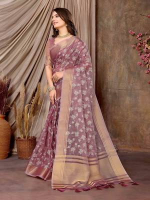 mauve printed khadi silk blend saree with unstitched blouse piece 2
