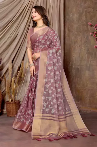 mauve printed khadi silk blend saree with unstitched blouse piece