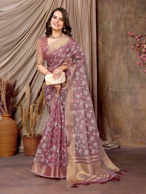mauve printed khadi silk blend saree with unstitched blouse piece 3