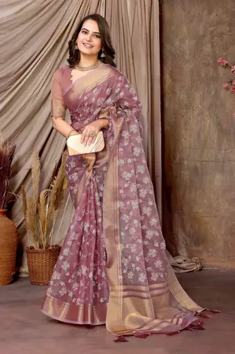 mauve printed khadi silk blend saree with unstitched blouse piece