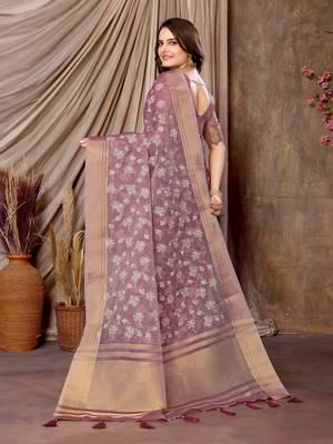 mauve printed khadi silk blend saree with unstitched blouse piece 4