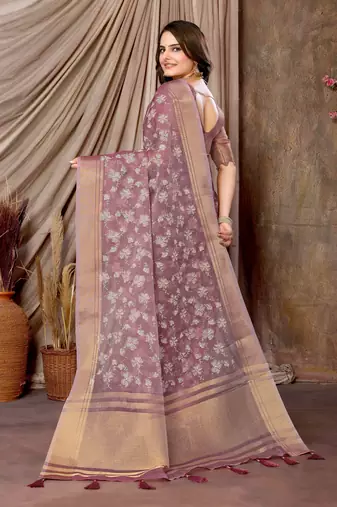 mauve printed khadi silk blend saree with unstitched blouse piece