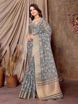 Grey printed khadi silk blend saree with unstitched blouse piece 1