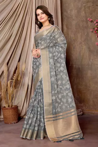 Grey printed khadi silk blend saree with unstitched blouse piece