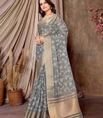 Grey printed khadi silk blend saree with unstitched blouse piece