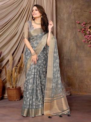 Grey printed khadi silk blend saree with unstitched blouse piece 3
