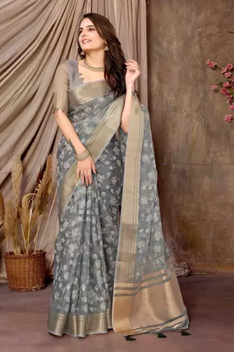 Grey printed khadi silk blend saree with unstitched blouse piece