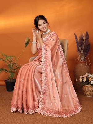 orange organza silk blend embroidered work saree with unstitched blouse piece 2
