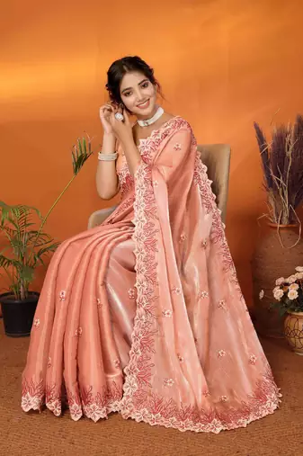 orange organza silk blend embroidered work saree with unstitched blouse piece