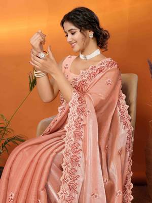 orange organza silk blend embroidered work saree with unstitched blouse piece 3