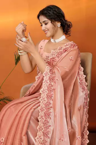orange organza silk blend embroidered work saree with unstitched blouse piece