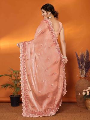 orange organza silk blend embroidered work saree with unstitched blouse piece 4