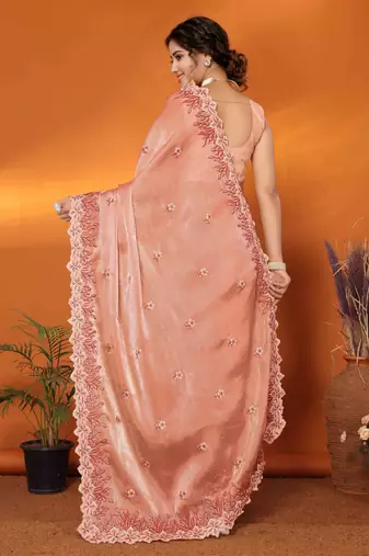 orange organza silk blend embroidered work saree with unstitched blouse piece