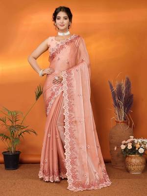 orange organza silk blend embroidered work saree with unstitched blouse piece 1