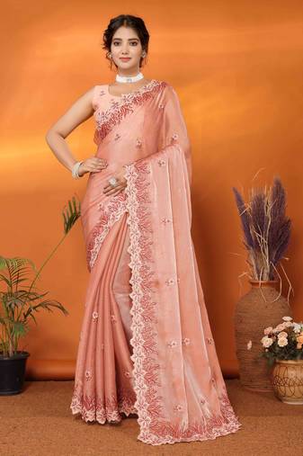 orange organza silk blend embroidered work saree with unstitched blouse piece