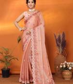 orange organza silk blend embroidered work saree with unstitched blouse piece