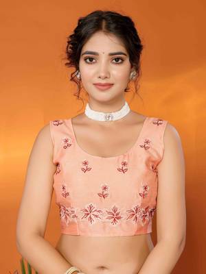 orange organza silk blend embroidered work saree with unstitched blouse piece 5