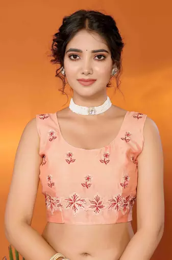 orange organza silk blend embroidered work saree with unstitched blouse piece