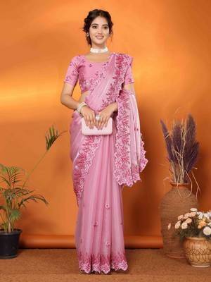 pink organza silk blend embroidered work saree with unstitched blouse piece 1
