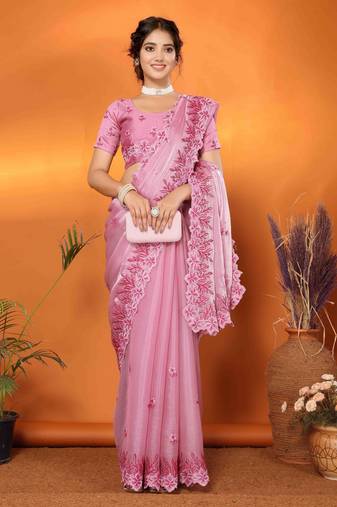pink organza silk blend embroidered work saree with unstitched blouse piece