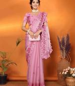 pink organza silk blend embroidered work saree with unstitched blouse piece
