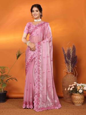 pink organza silk blend embroidered work saree with unstitched blouse piece 2