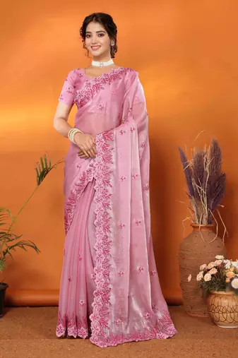 pink organza silk blend embroidered work saree with unstitched blouse piece