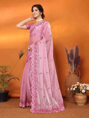 pink organza silk blend embroidered work saree with unstitched blouse piece 3