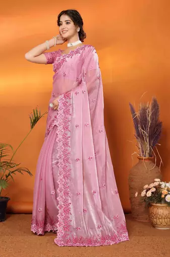 pink organza silk blend embroidered work saree with unstitched blouse piece