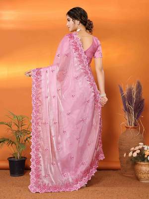 pink organza silk blend embroidered work saree with unstitched blouse piece 4