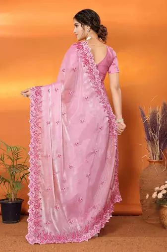 pink organza silk blend embroidered work saree with unstitched blouse piece